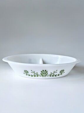 Vintage Oval Glasbake Green Crazy Daisy Divided Casserole Dish 12" c. 1965